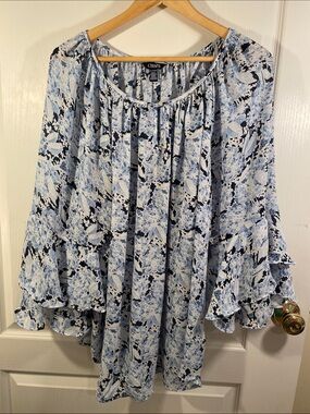 Chaps Blue and White Floral Peasant Blouse